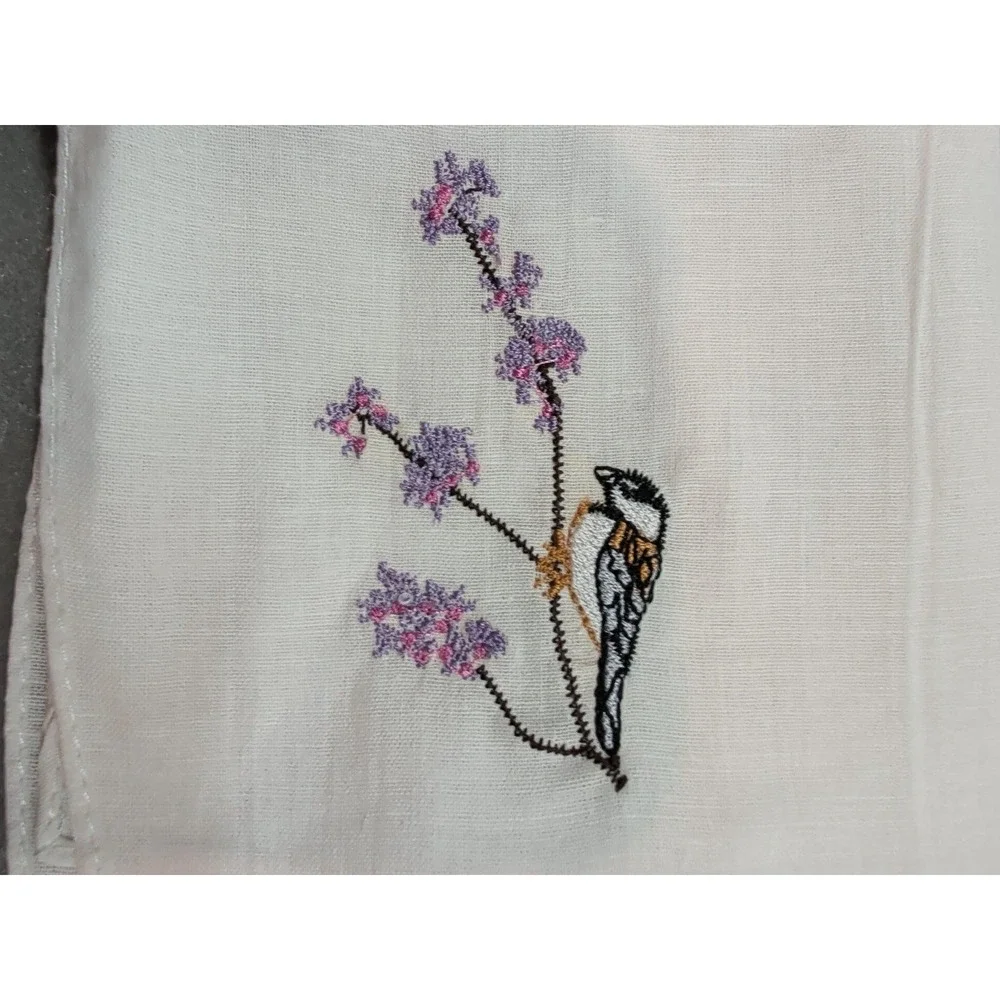 Vintage Embroidered Bird Handkerchiefs Lot of 5 Floral White Cotton Cottagecore